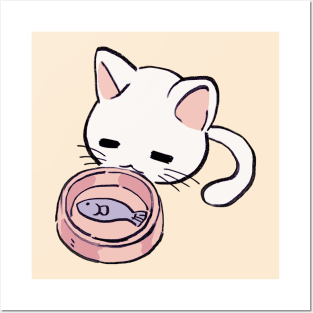 I draw lucky star white cat eating fish Posters and Art